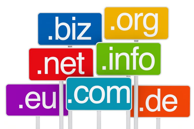 Colourful signposts showing different domain extensions
