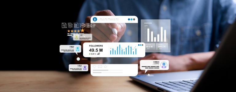 Social media analytics dashboard showing engagement and customer feedback
