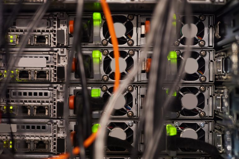 Server hardware with cables and indicator lights