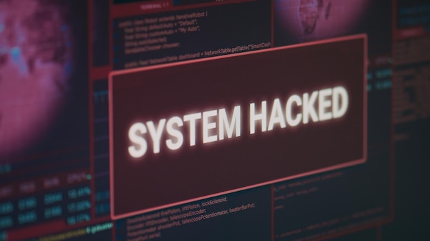 Computer screen displaying a hacked system warning