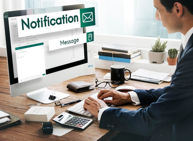Email communication icons over a business background