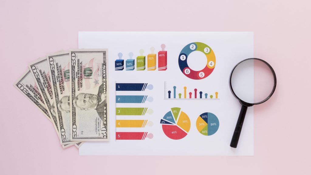 Money and charts representing advertising budget planning