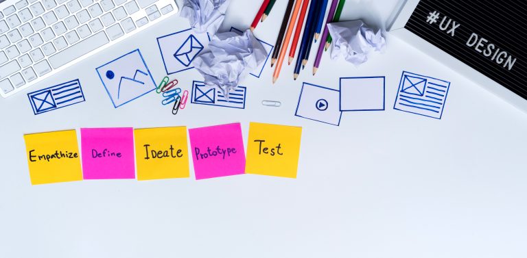 UX design workspace with notes and planning materials