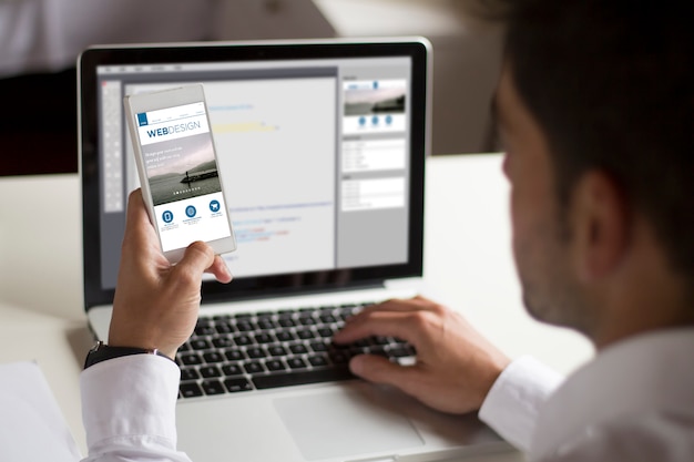 Business website shown alongside social media apps
