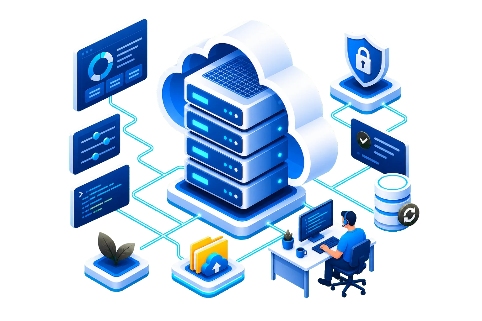 Isometric managed cloud server stack with monitoring, security, backups, configuration and support