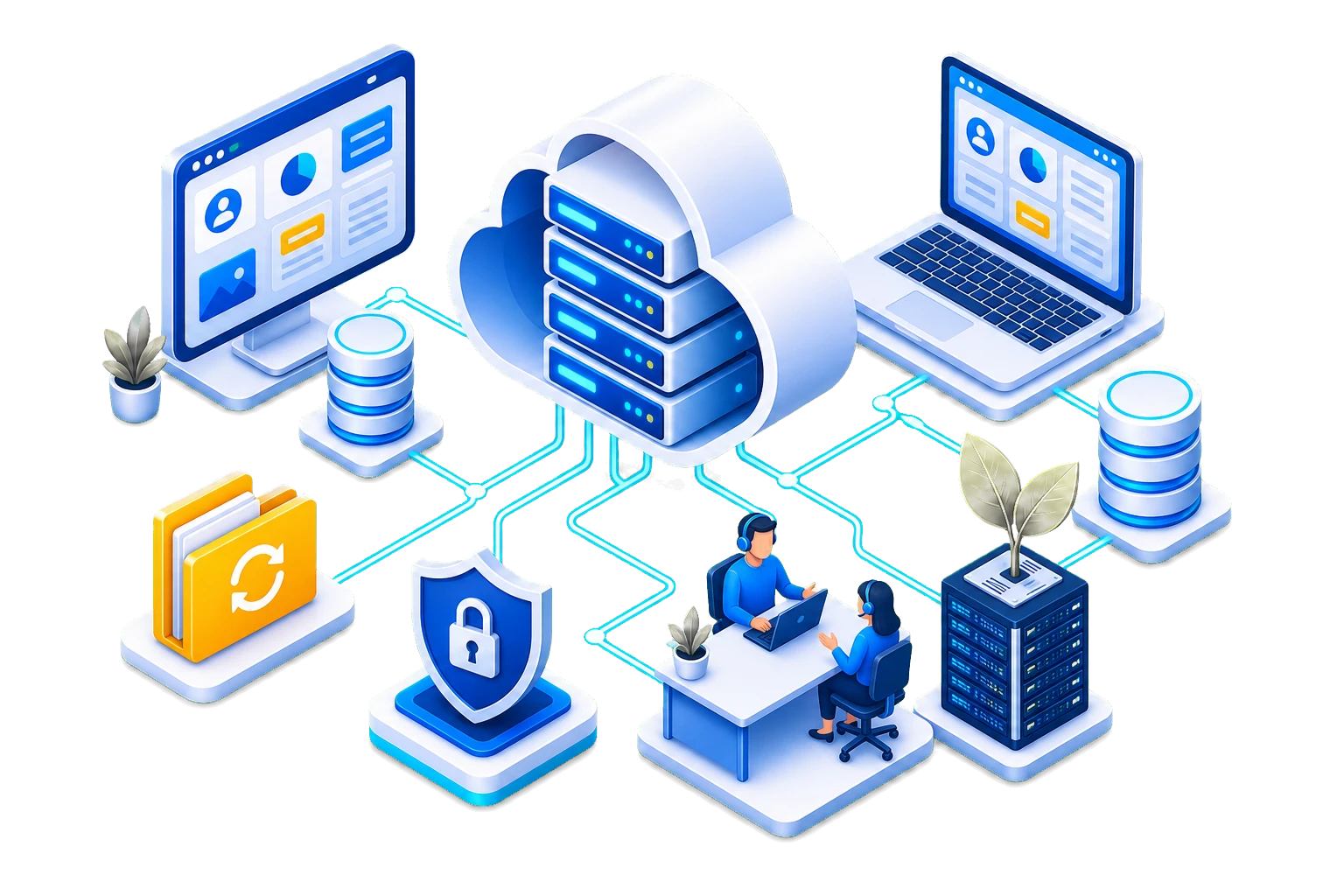 Isometric cloud hosting platform showing web hosting, cloud servers, backups, security, green hosting and agency support