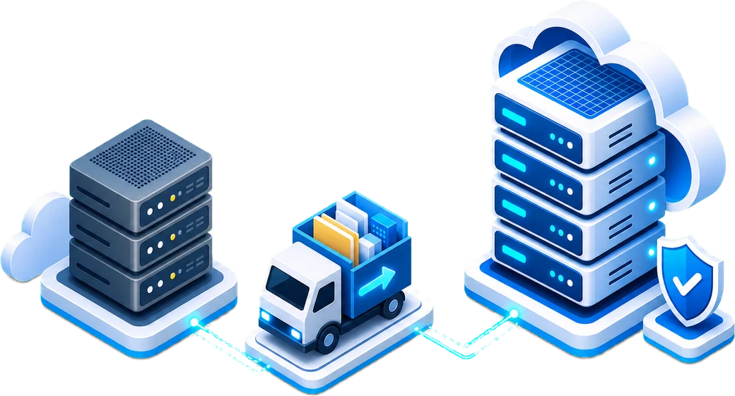 Isometric managed server migration illustration showing a truck moving data between server platforms