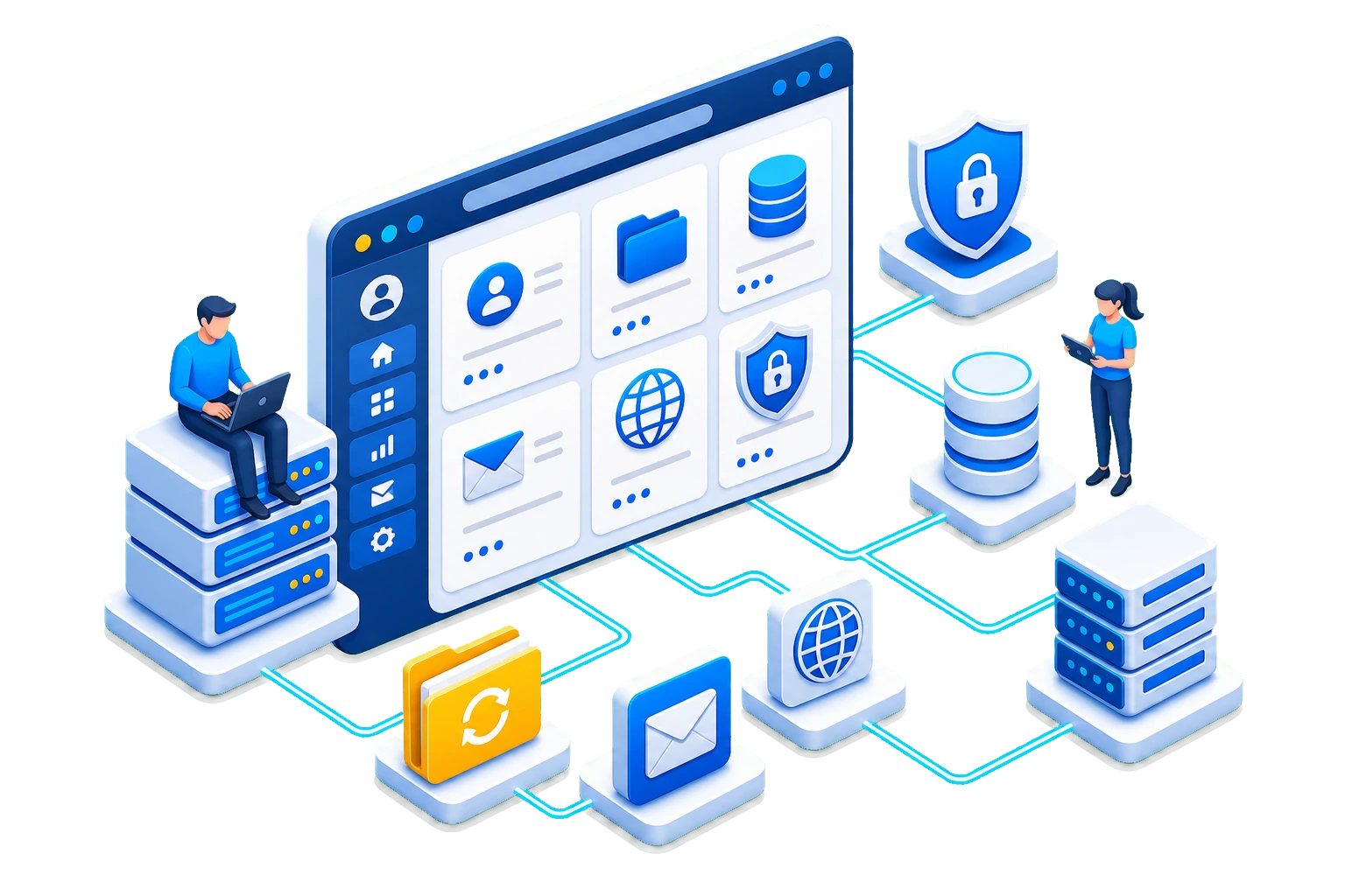 Isometric web hosting control panel connected to email, files, DNS, SSL, databases, backups and servers